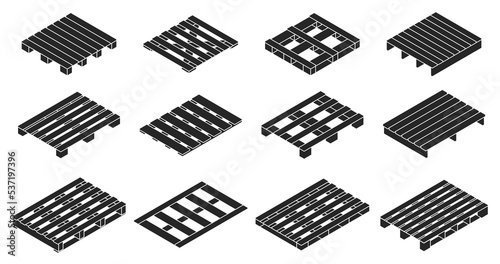 Wooden pallet vector illustration on white background . Isolated black isometric set icon wood container.Isometric vector black set icon wooden pallet.