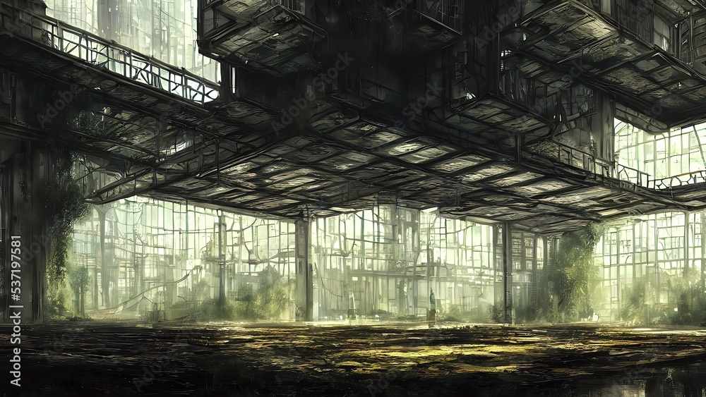 Abandoned plant overgrown with vegetation. concept art, interior.