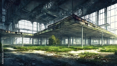 Abandoned plant overgrown with vegetation. concept art  interior.