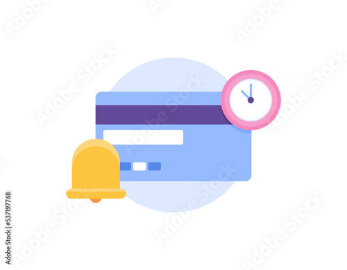 payment notification. payment due date. billing deadlines. still active or the validity period of the debit or credit card. reminder. ATM card, bell, clock. symbols and icons. concept design