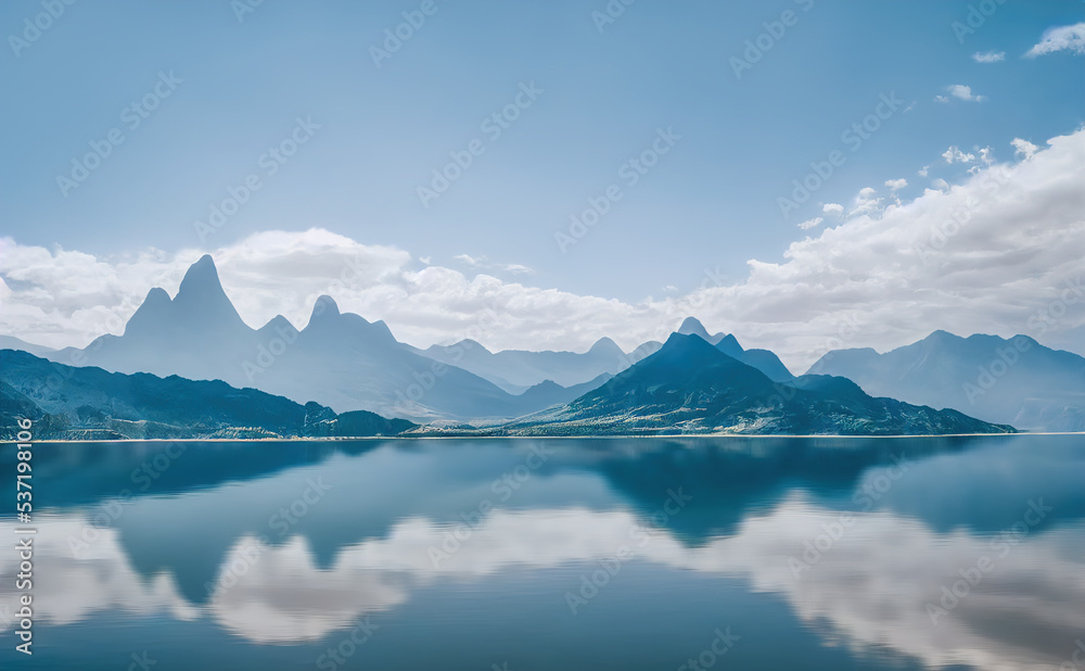 Beautiful mountain landscape with a lake. Panorama of silhouettes of mountains in the fog. Picturesque 3D illustration for backgrounds, wallpapers, photo wallpapers, murals, posters.