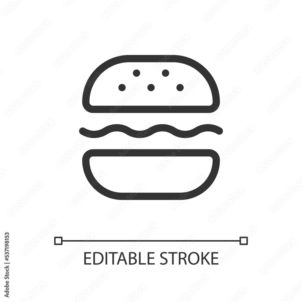Burger pixel perfect linear ui icon. Substantial meal. Fast food lunch. Grill hamburger. GUI, UX design. Outline isolated user interface element for app and web. Editable stroke. Arial font used