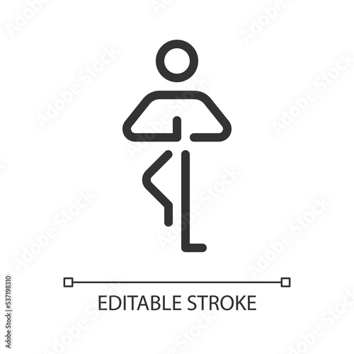 Tree pose pixel perfect linear ui icon. Yoga pose. Balancing asana. Healthy lifestyle. GUI, UX design. Outline isolated user interface element for app and web. Editable stroke. Arial font used