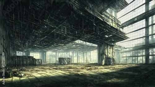 Abandoned plant overgrown with vegetation. concept art  interior.