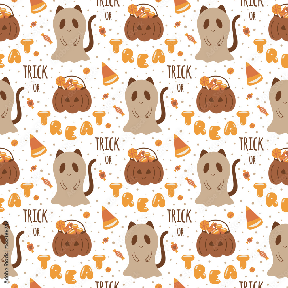 Halloween cat dressed in a ghost costume. Trick or treat halloween seamless pattern. Halloween party. Cute childish illustration texture fabric, wrapping paper, textile, wallpaper. Vector background.