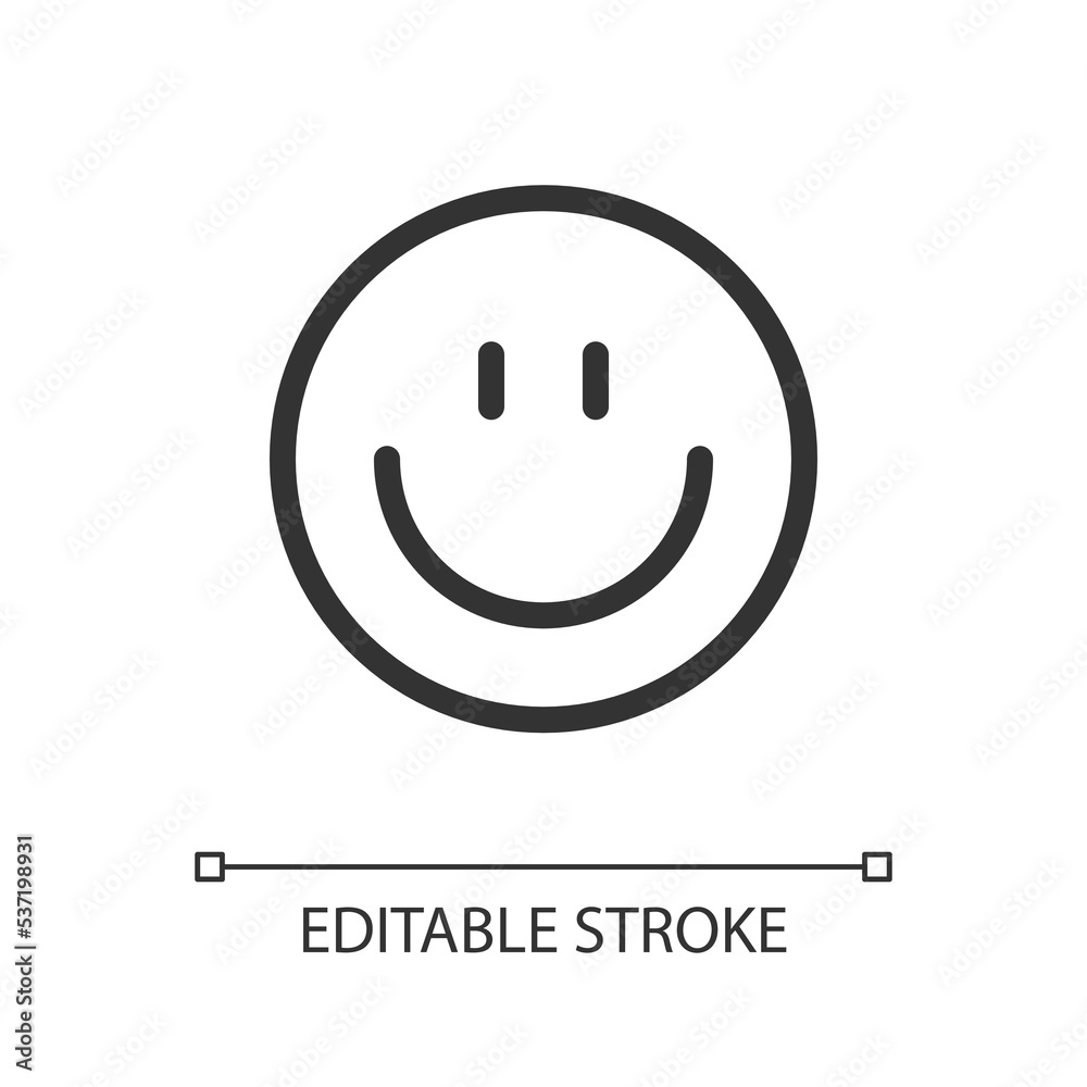 Smiling emoji pixel perfect linear ui icon. Feelings expression. Positive mood. Communication. GUI, UX design. Outline isolated user interface element for app and web. Editable stroke. Arial font used Smiling emoji pixel perfect linear ui icon. Feelings expression. Positive mood. Communication. GUI, UX design. Outline isolated user interface element for app and web. Editable stroke. Arial font used