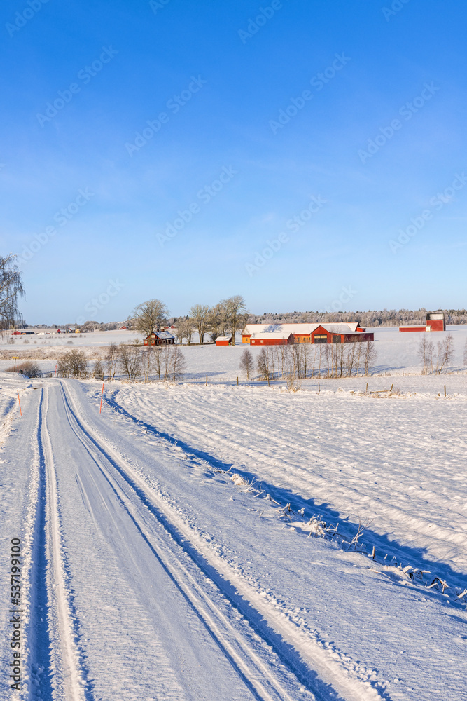 Car tracks on a snowy road in the countryside