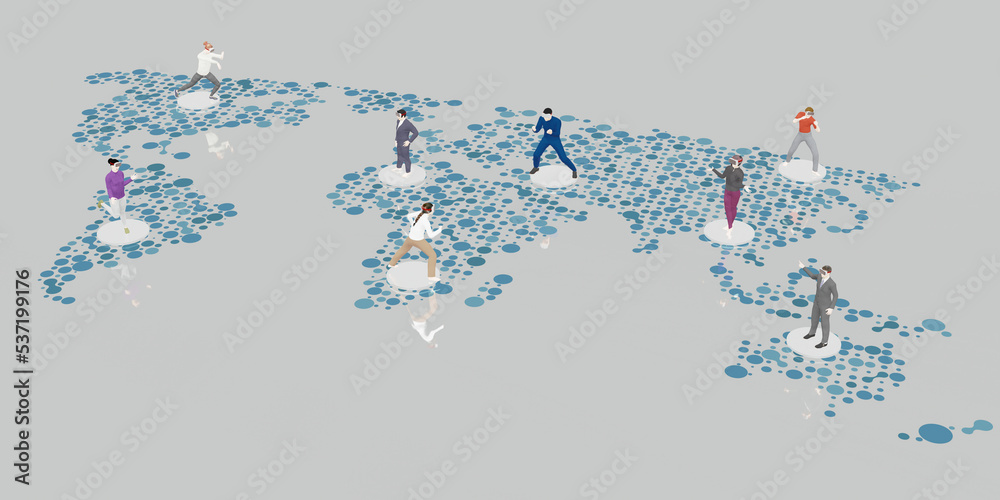 Fototapeta premium Entrepreneurs Connecting People from Around the World and World Map People and Activities Social Connect 3D Illustrations