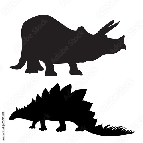 Dinosaur silhouette. Dinosaurs and Jurassic dino monsters icons. Vector silhouette of triceratops or T-rex, brontosaurus and stegosaurus, ceratosaurus and parasaurolophus reptile