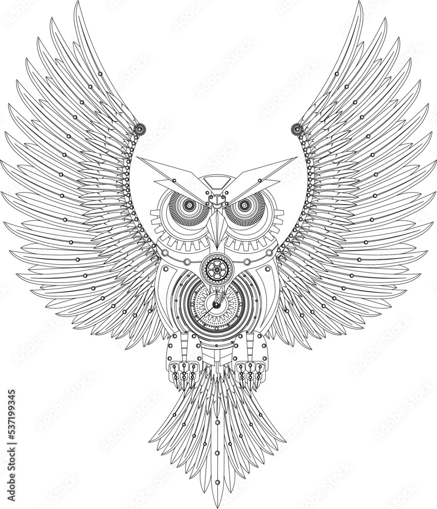 Mechanical owl in metal steampunk style coloring book. Vector illustration.  Stock Vector | Adobe Stock