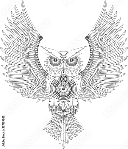 Mechanical owl in metal steampunk style coloring book. Vector illustration.
