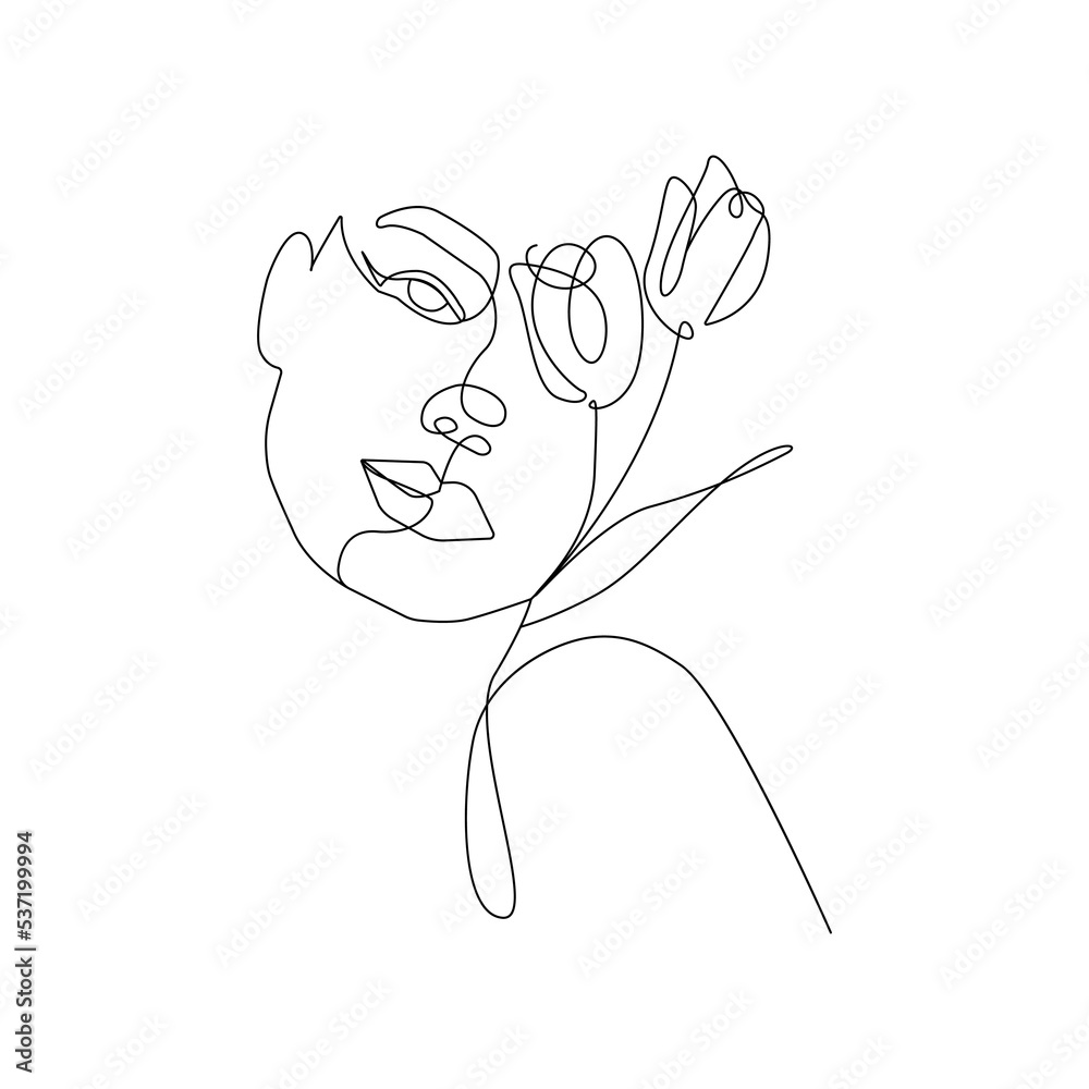 Woman Head with Flowers Line Vector Drawing. Style Template with Female Face with Flowers. Modern Minimalist Simple Linear Style. Beauty Fashion Design 