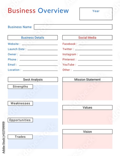 Business Overview Planner Template. Colourful Business Overview Planner Template. Downloadable Planner Template.