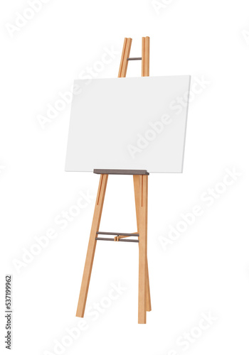 Empty horizontal canvas on wooden easel, on transparent background. Free, copy space for your picture. Artwork presentation. Canvas mock up. Cut out object. 3D rendering.