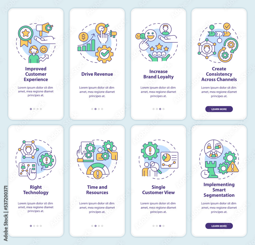 Personalized marketing tasks onboarding mobile app screen set. Clients walkthrough 4 steps editable graphic instructions with linear concepts. UI, UX, GUI template. Myriad Pro-Bold, Regular fonts used