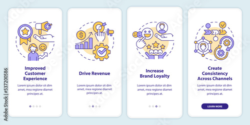 Personalized marketing profits onboarding mobile app screen. Customers walkthrough 4 steps editable graphic instructions with linear concepts. UI, UX, GUI template. Myriad Pro-Bold, Regular fonts used