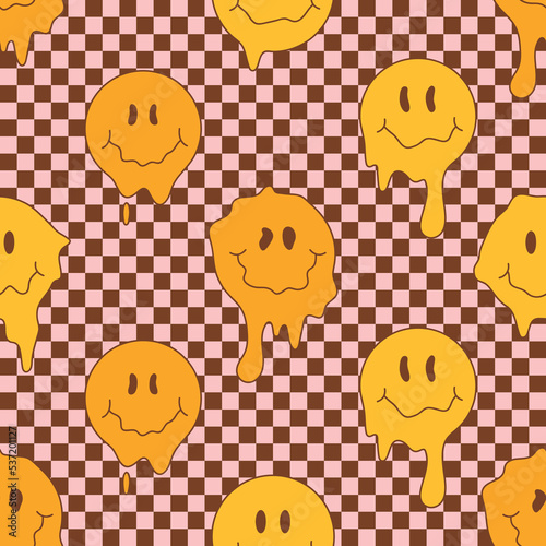 70s retro seamless pattern with hippie groovy melting smile faces. Melting Smiles on checkerboard background.  Vintage vector for fabric, wallpaper, packaging or wrapping paper.