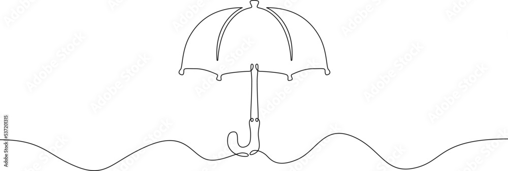 One continuous line.Open umbrella from the rain. Old umbrella. Flat minimal icon. One continuous line on a white background.