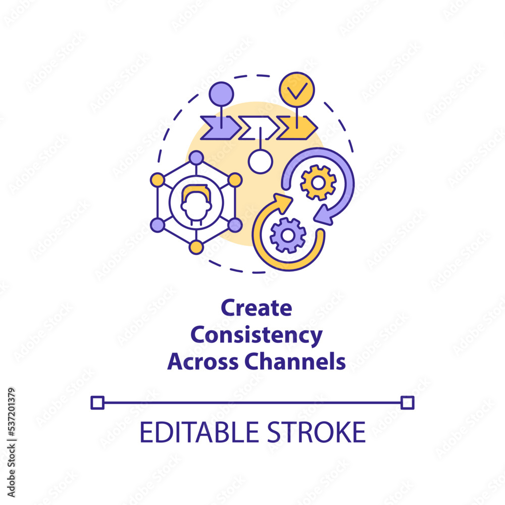 Create consistency across channels concept icon. Customer interaction with brand abstract idea thin line illustration. Isolated outline drawing. Editable stroke. Arial, Myriad Pro-Bold fonts used