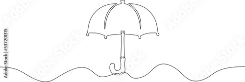 One continuous line.Open umbrella from the rain. Old umbrella. Flat minimal icon. One continuous line on a white background.