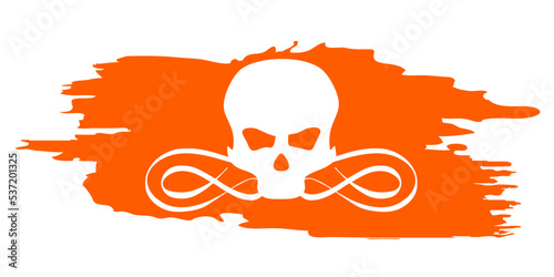 Banner con silueta de calavera con filigrana caligráfica en trazo de pincel con pintura. Líneas con florituras para su uso en Halloween