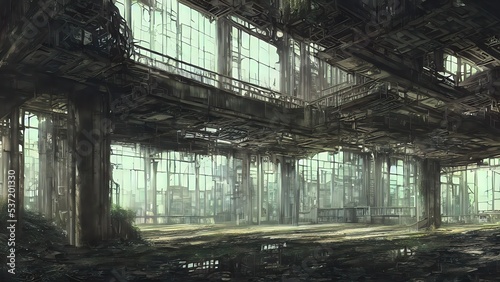 Abandoned plant overgrown with vegetation. concept art, interior.