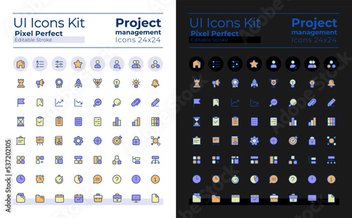 Project management pixel perfect RGB color ui icons kit for dark, light mode. Corporate planning. GUI, UX design for mobile app. Vector isolated pictograms. Editable stroke. Poppins font used