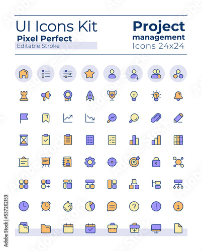 Project management pixel perfect RGB color ui icons kit. Strategy of business development. GUI, UX design for mobile app. Vector isolated pictograms. Editable stroke. Poppins font used photo