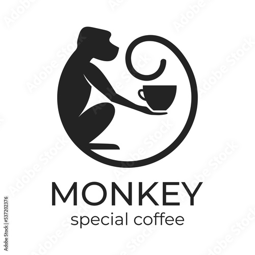Monkey with a cup of coffee or tea. Logo or badge for coffee shops and cafes. Vector illustration. Special logo