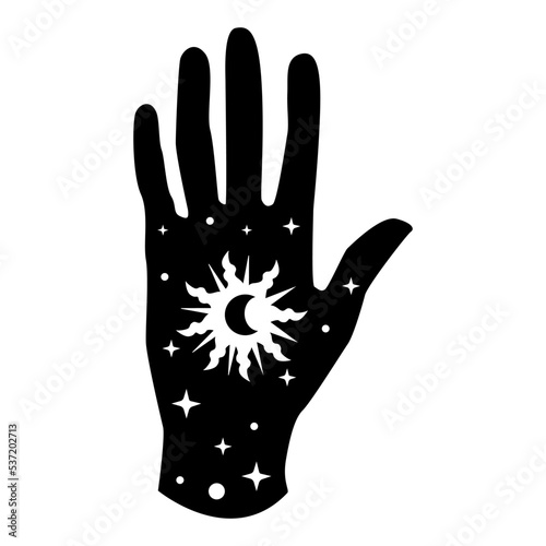 Magic Hands with mystical magic symbols-eyes, sun, phrases of moon, stars