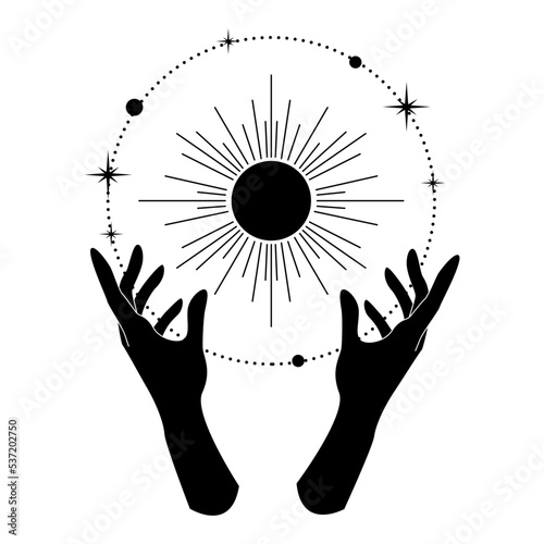 Magic Hands with mystical magic symbols-eyes, sun, phrases of moon, stars