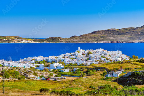 Beautiful view of Adamantas, main town of Milos island, Greece, on