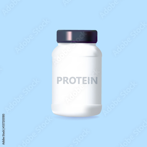 Mockup Banks white Protein sports 3d container. Amino acids Round pack for muscle training. Realistic cylindrical jar with vitamins.