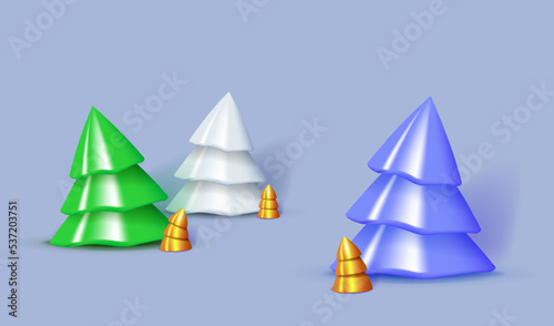 Color and golden 3d Christmas Trees. Merry Christmas and Happy New Year illustration. Winter festive composition. Christmas ornament