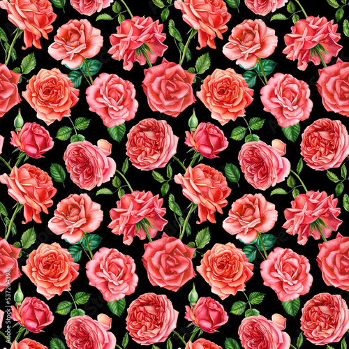 Floral Seamless pattern. Roses flowers  watercolor botanical illustration