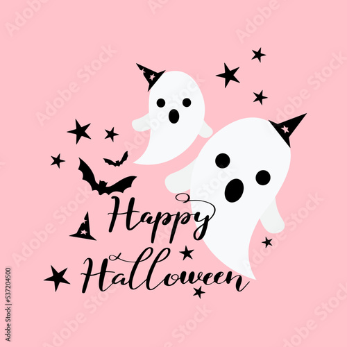 pink halloween poster with ghosts, happy Halloween lettering 