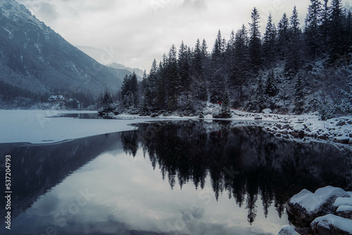 Moody winter photo of a frozen lake surrounded by high mountains and pine trees