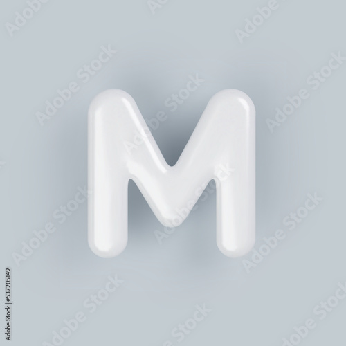 3D White plastic uppercase letter M with a glossy surface on a gray background.