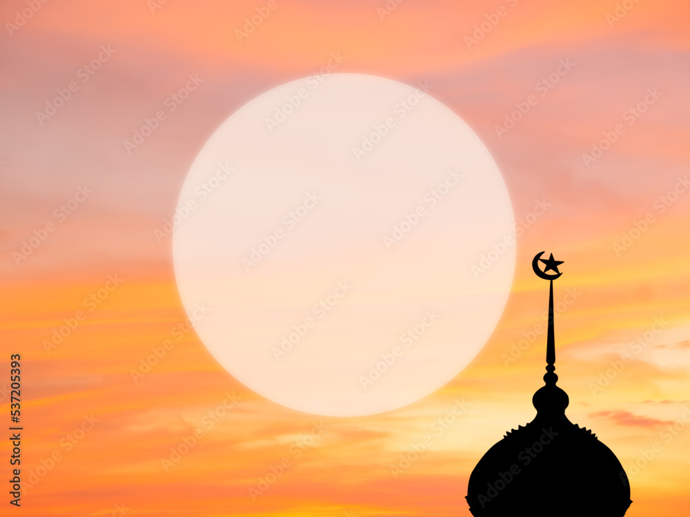 Mosques Dome with Moon on Sunset Twilight Sky Background,Islamic New Year Muharram,Islamic Religion Symbols Ramadan and Arabic,Eid al-Adha, Eid al-fitr,Mubarak,Kareem Holy Muslim concept.