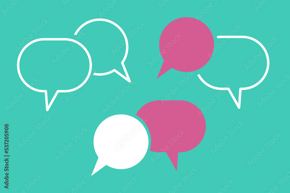 blank speech bubbles, thinking balloon set, pink and white, on green background Conceptual image about communication and social media, customer feedback blank speech bubbles, thinking balloon set, pink and white, on green background Conceptual image about communication and social media, customer feedback