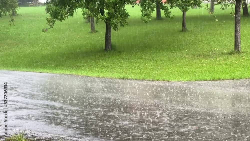 slow motion of heavy rain pouring on rural road next to apple tree garden
