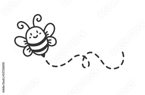 Bee flying path. Travel dotted route. The flight path. Hand drawn cartoon honey bee