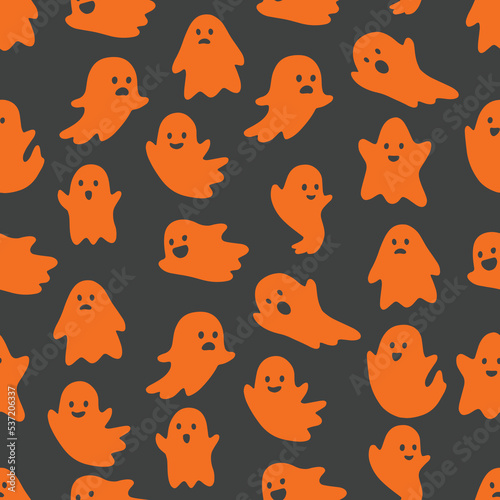 Seamless pattern with ghosts. Halloween pattern for different designs. Dark grey background with bright orange ghosts silhouettes © Elizabeth Bryss