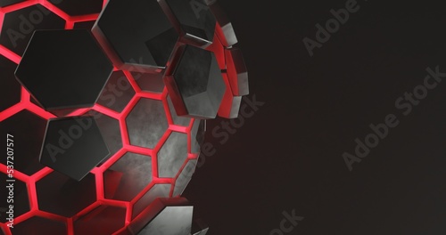 Abstract background of red black hexagon shape pattern, there is space on the right, 3d rendering, and 4K size