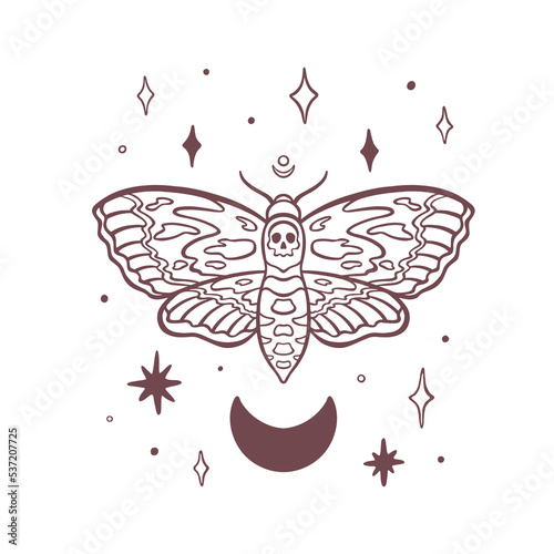 Mystical death's head hawkmoth with crescent moon and stars. Bohemian death moth with skull
