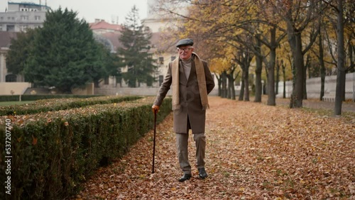 Old elegant man with walking stick on walk in park on autumn day