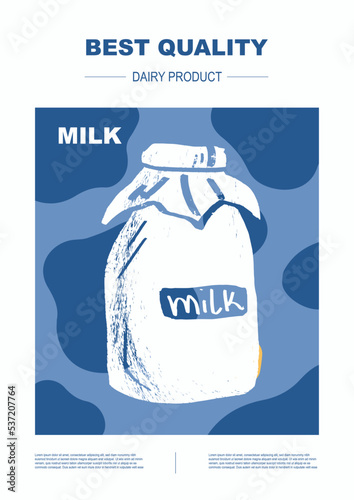 Dairy milk product. Abstract Vector Packaging Design Layouts Bundle. Modern Typography Banners with cow pattern. Hand Drawn vector.