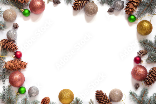christmas decoration with fir branches and toy balls, isolated 
