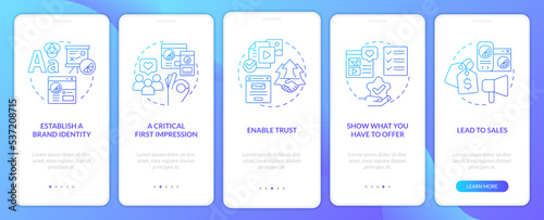 Website quality importance blue gradient onboarding mobile app screen. Walkthrough 5 graphic instructions with linear concepts. UI, UX, GUI template. Myriad Pro-Bold, Regular fonts used