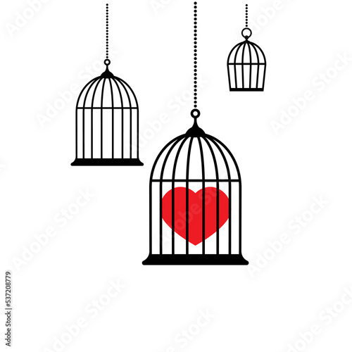 Locked bird cage with red heart icon. Trap, imprisonment, jail concept.